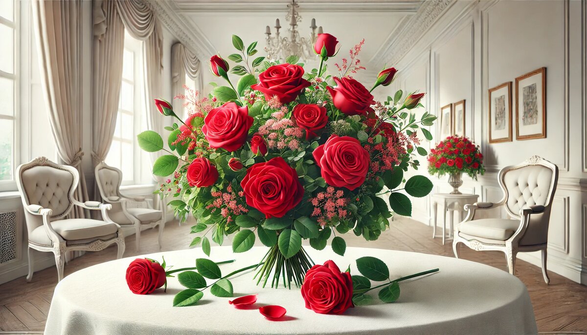 Букет красных роз на столе в классическом интерьере