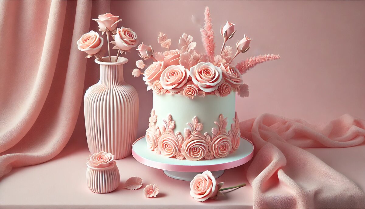 Торт с цветочным декором и вазой с розами