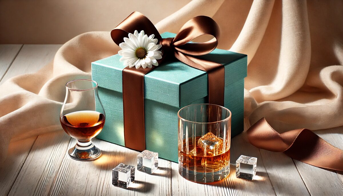 Подарочная коробка с ромашкой, бокалами и льдинками на деревянном фоне