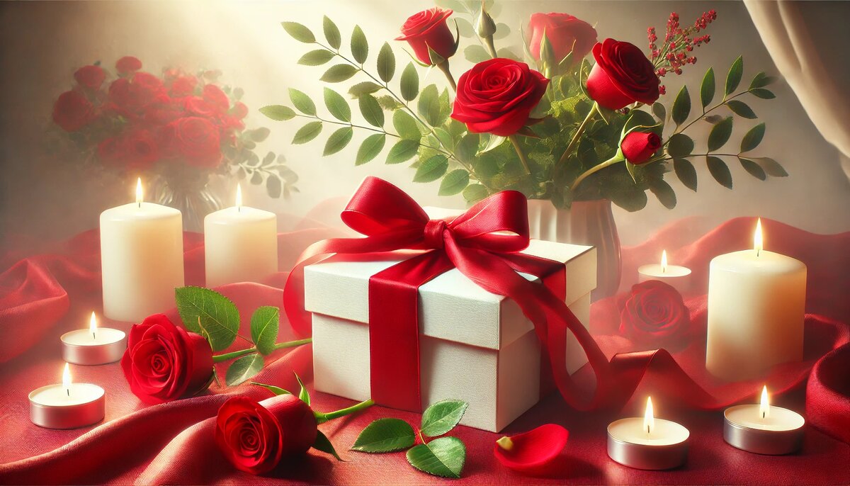 Подарок с красной лентой и свечами