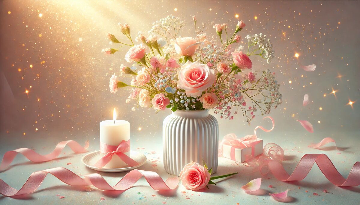 Цветы и свеча на розовом фоне