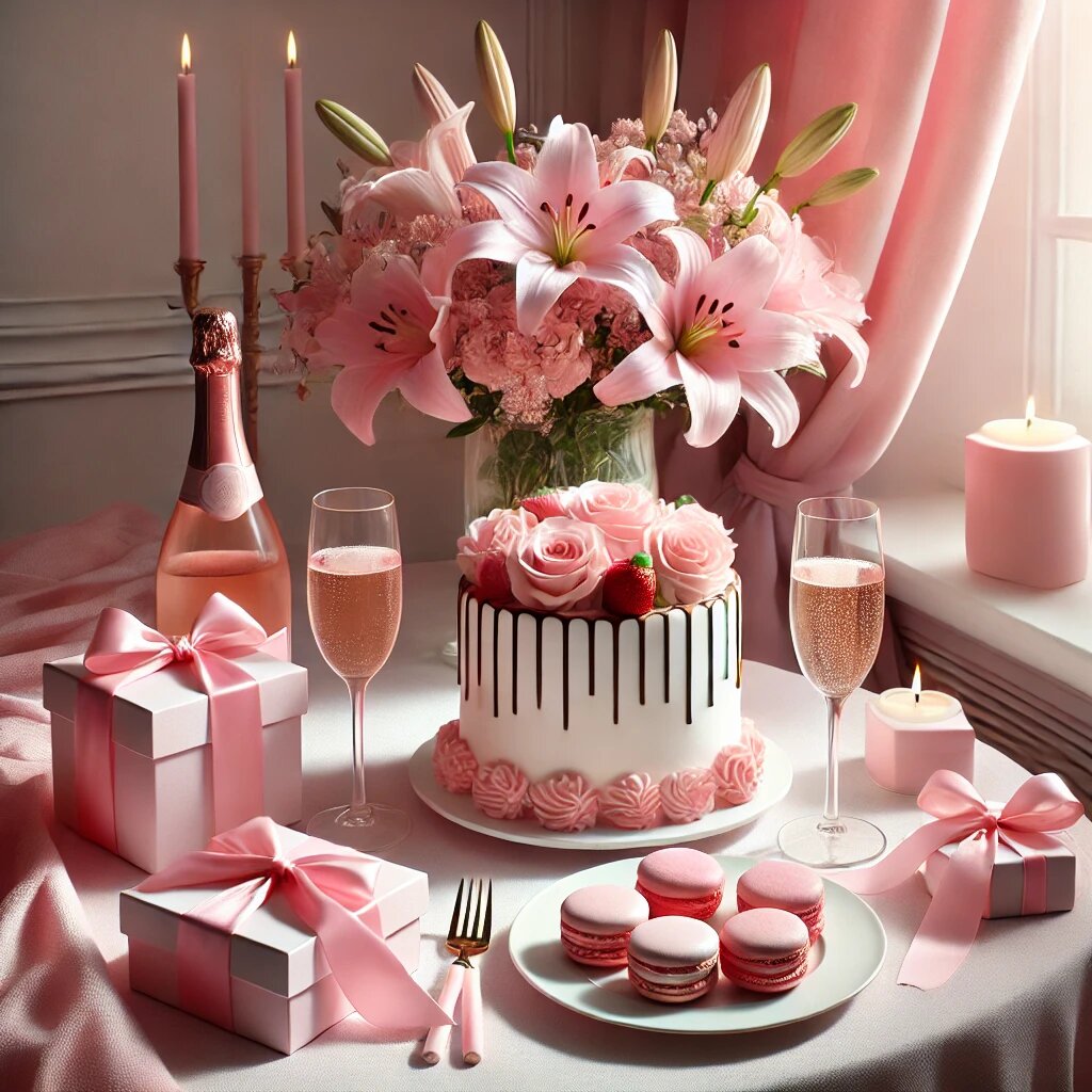 розовый десертный стол с подарками