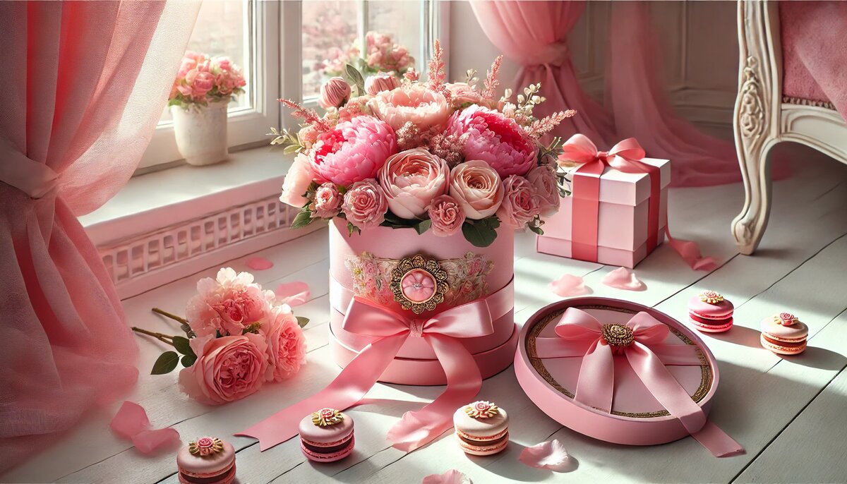 Букет в коробке с розовой лентой и сладостями