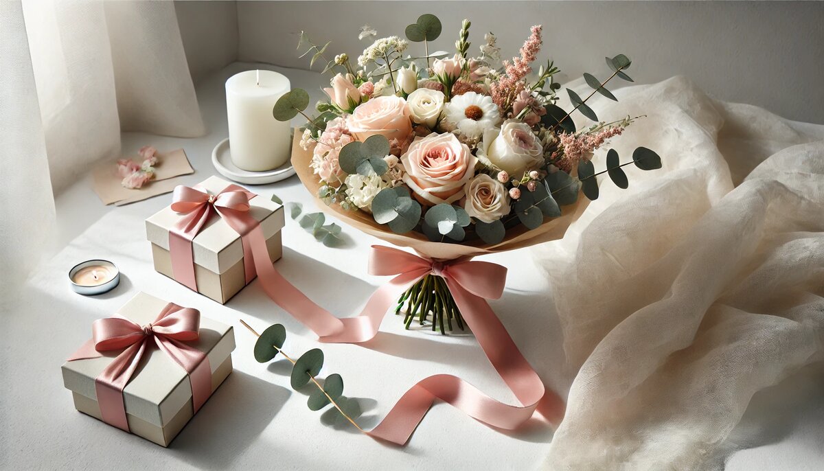 букет роз и эвкалипта на столе