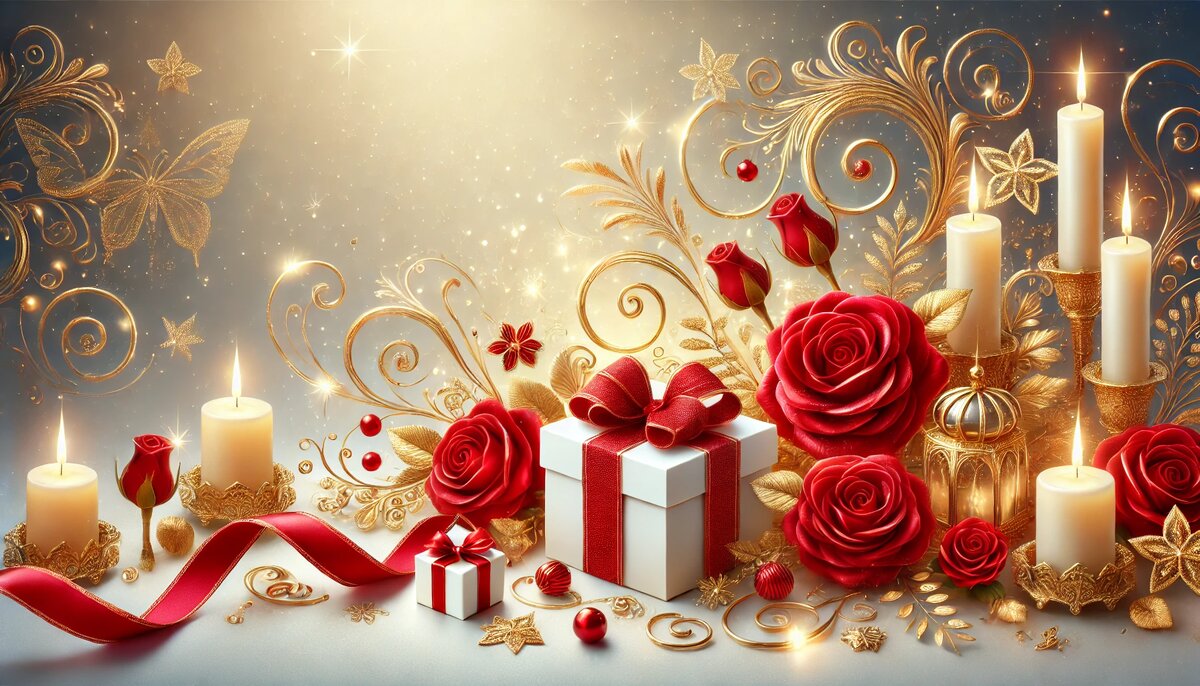 красные розы и свечи в золотом декоре