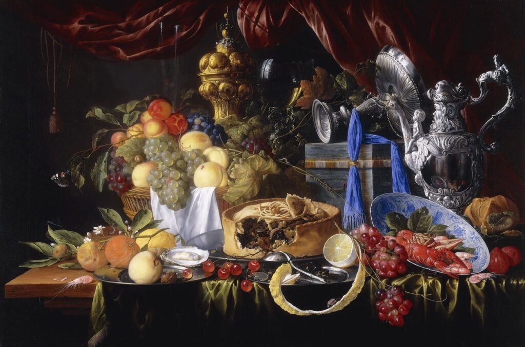 Ян Давидс де Хем «A Pie on a Pewter Plate, a Partly Peeled Lemon, A Silver Spoon on a Pewter Plate», 1649 © meisterdrucke.ie