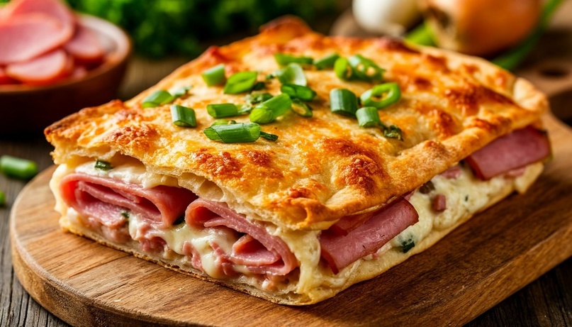 Запеканка из лаваша, ветчины и сыра с зелёным луком.