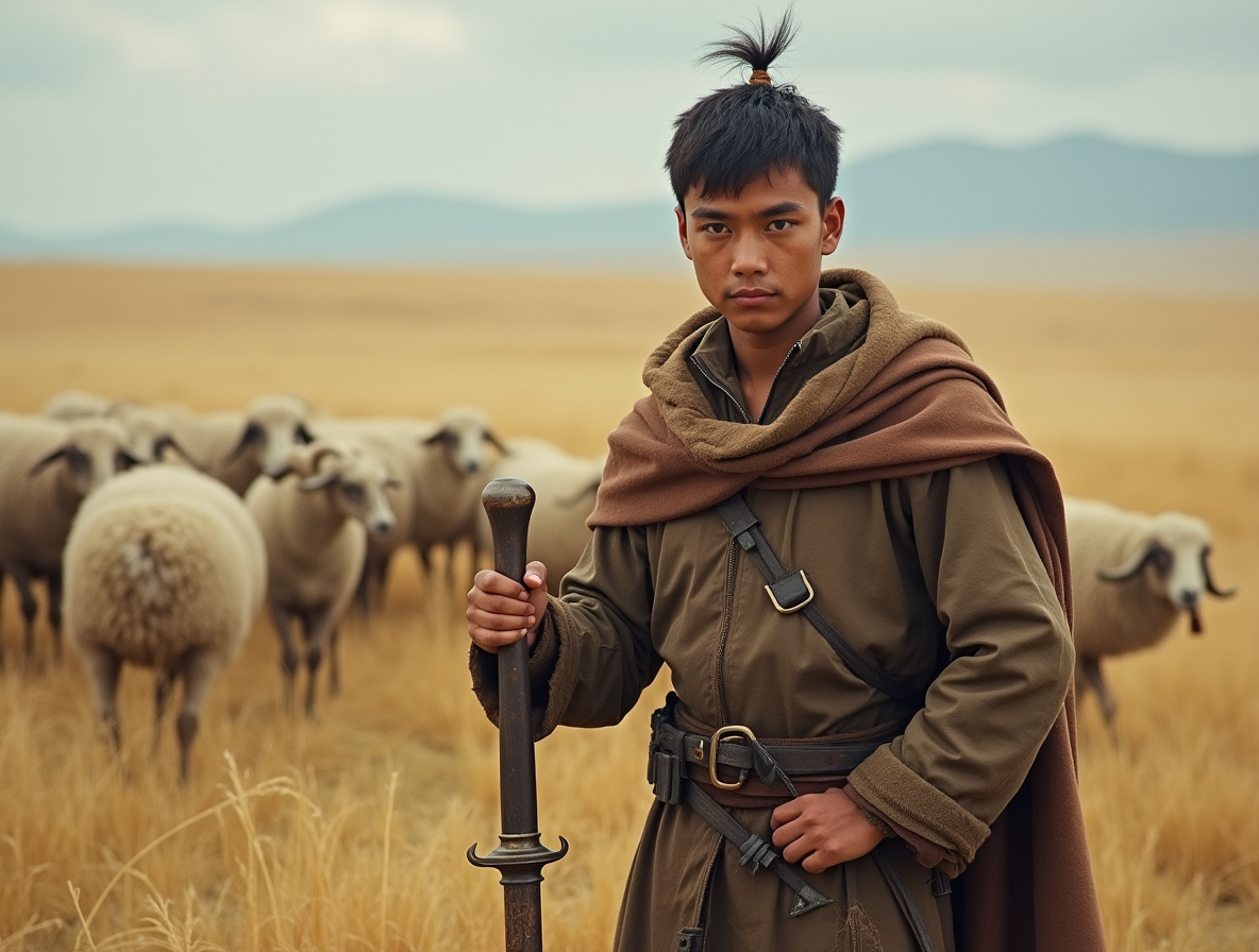 Молодой пастух около 20 лет с характерной хромотой, опирается на меч. На фоне - среднеазиатские степи с отарой овец. Лицо решительное, взгляд уже показывает будущего завоевателя.  Контраст между скромным происхождением и амбициозным характером.