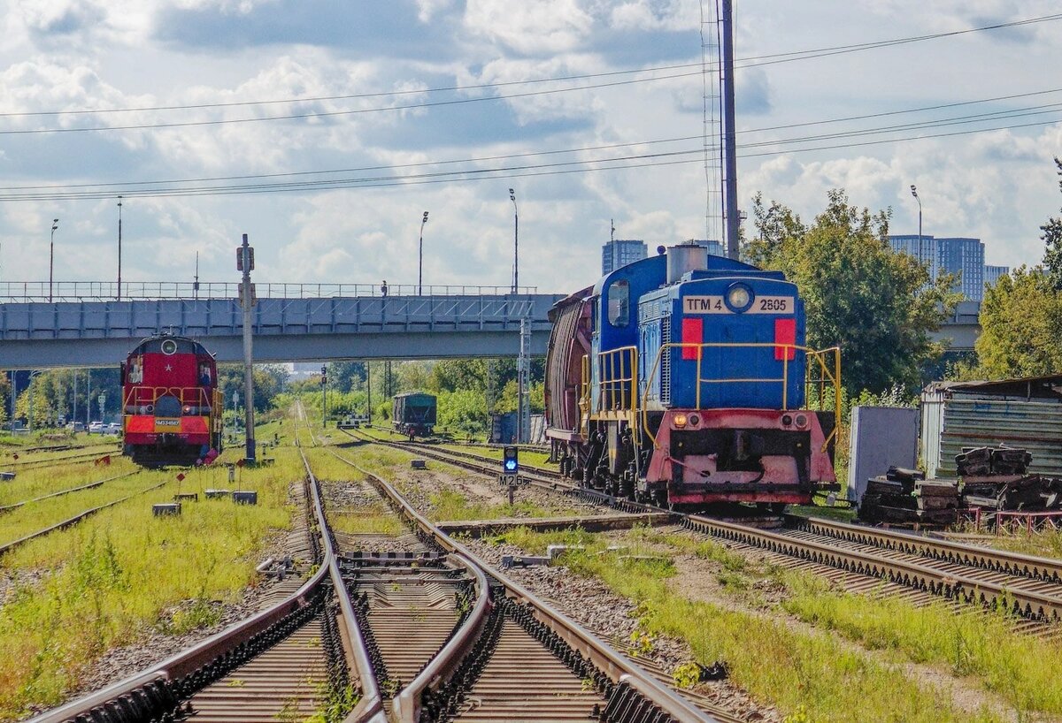 Тепловозы ЧМЭ3-4567 и ТГМ4-2805 на станции Новопролетарская