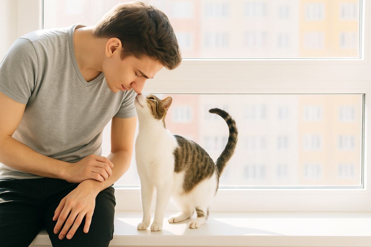 Тёплый момент между человеком и кошкой у окна