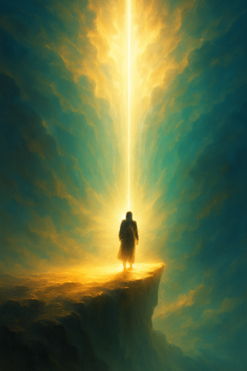 На изображении представлена сцена величественного духовного прозрения. Одинокая фигура стоит на самом краю утёса, словно между небом и бездной, окружённая мощным потоком Божественного Света, нисходящим из Неведомого Источника. Свет пронизывает облака и разрывает тьму, словно живое сияние, пробуждающее само пространство. Его луч падает точно в грудь стоящего, как знак призвания и прямого соединения с Истиной.

Фигура изображена в тёмной, почти монашеской одежде, но сама окружена ореолом, подчеркивающим, что сила исходит не от внешнего, а изнутри — от соприкосновения с Неприходящим. Силуэт окружён золотым свечением, которое разливается по утёсу, делая поверхность похожей на чистую огненную платформу, отгороженную от остального мира.

Вся композиция построена на контрасте тьмы и Света, глубины и высоты, молчания и великого Зова. Небо наполнено густыми сине-зелёными облаками, словно волнами Духа, расступающимися перед нисходящей энергией. Это не просто живописная сцена — это момент Откровения: тот, кого привлёк Отец, пришёл, и теперь в нём начинает действовать Сам Свет.

Изображение выражает не эмоцию, а Сущность: зов Духа, готовность к ответу, точку Перелома. Оно иллюстрирует: привлечённый — не ищет; привлечённый — стоит, знает и принимает; он уже не в мире — но ещё и не в Свете полностью. Всё — на краю, всё — в выборе, всё — в Настоящем.





