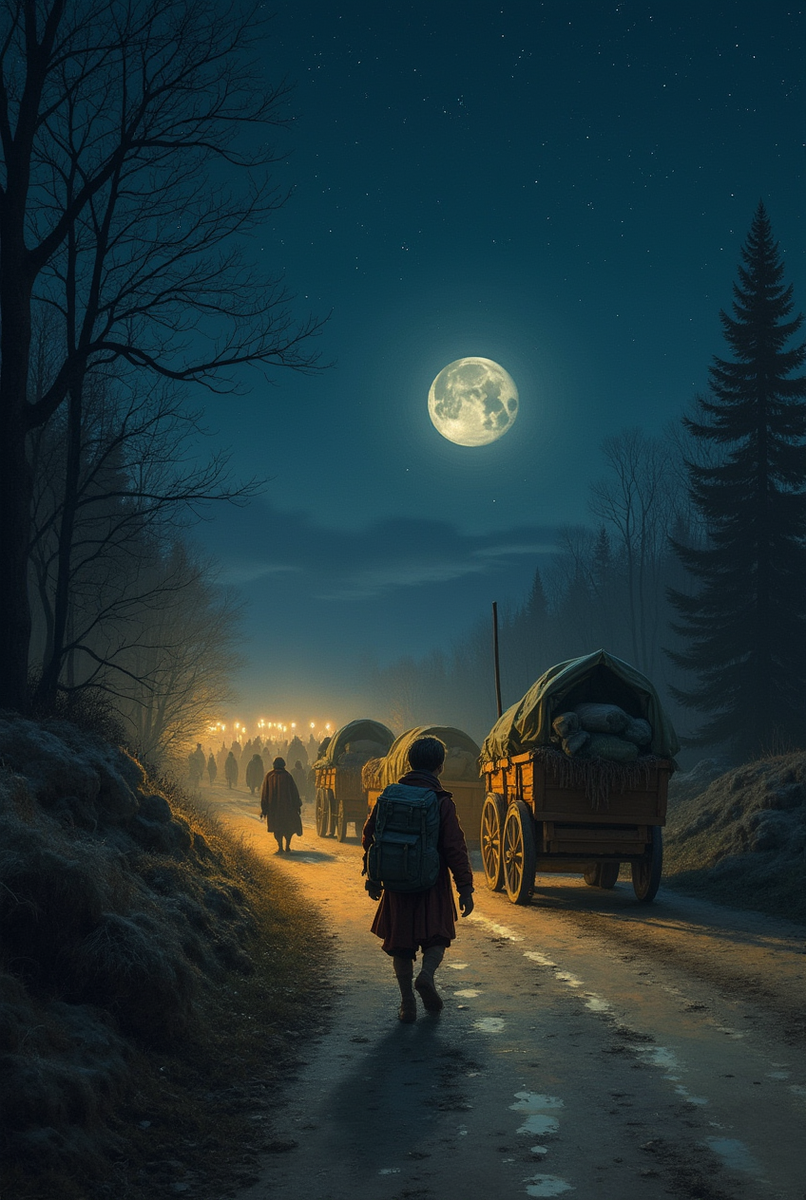 Ночная сцена на дороге из Курска в Киев. Молодой Феодосий  тайно следует за купеческим караваном. 