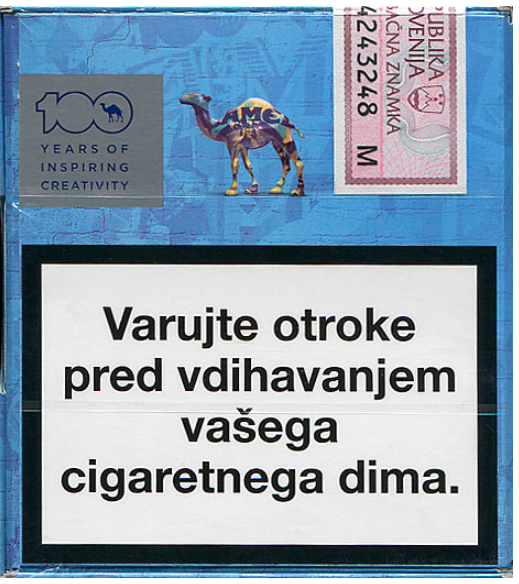 "Camel" Blue. Лимитированная столетняя серия, 1 вариант из 2 в серии. Словения, 2013 год. 20 штук, с фильтром, в коробке на петлях, в целлофане. Смола 6 мг, никотин 0,5 мг. Производитель: JT International. Владелец торговой марки: JT International.