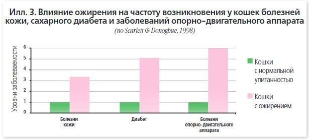 
Известны результаты двух массовых обследований кошек, цель которых состояла в выяснении связи избыточной массы тела и ожирения с другими патологиями.