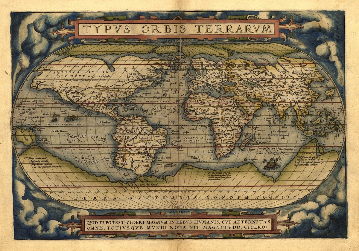 Карта мира, первая карта в первом издании Theatrum Orbis Terrarum 1570 года. Источник