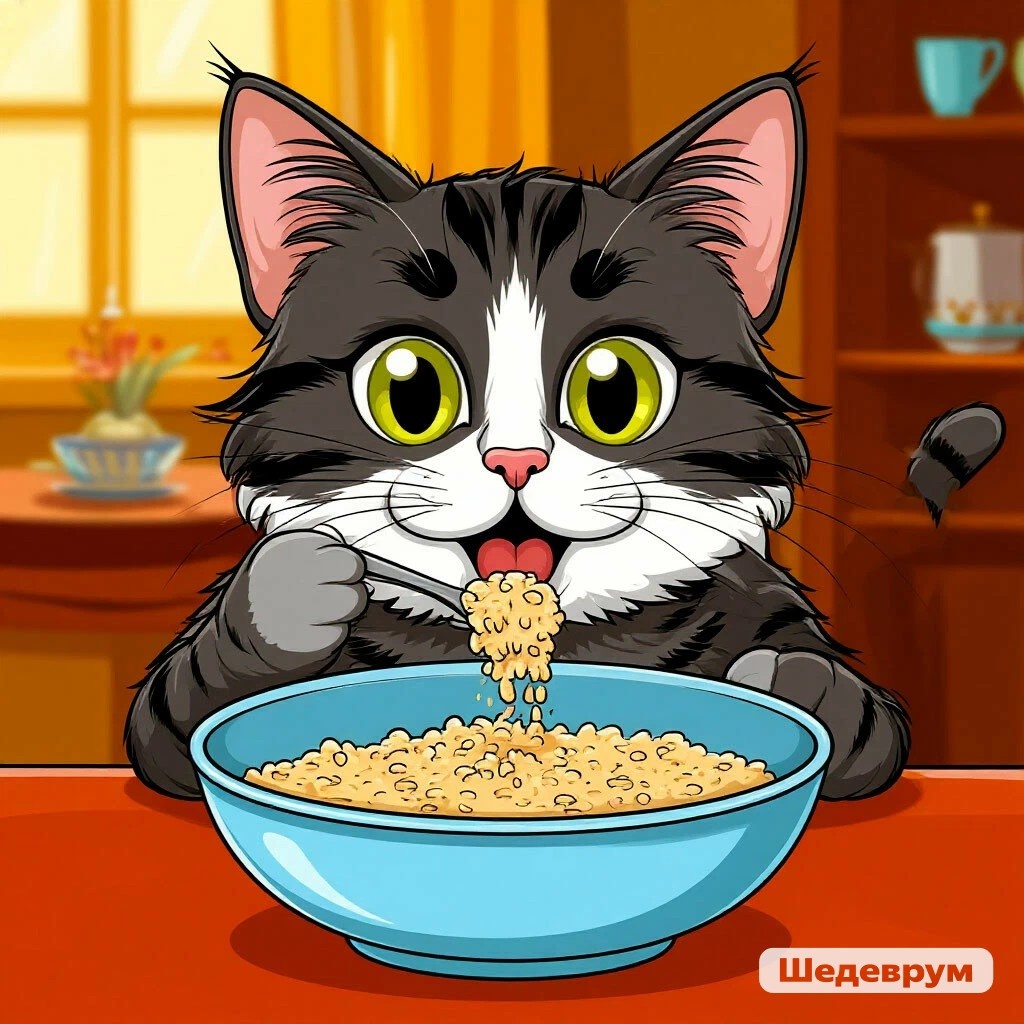 Кот ест кашу