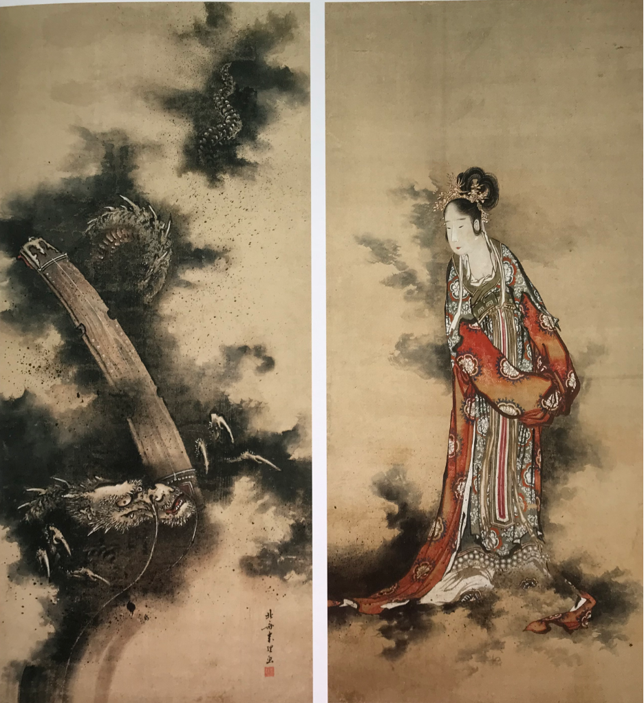 Китайская богиня Тайчэнь Ван Фурен и дракон с цинь, 1798. Тушь, краски и гофун на бумаге, диптих, 125,4 x 56,5 см каждая, Кацусика Хокусай