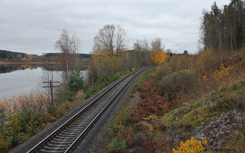 Участок Каменногорск - Светогорск: Начальный отрезок Светогорской ветки проложен по крутому берегу Каменногорского озера. Фото: А. Машинистов, 23.10.2011 г