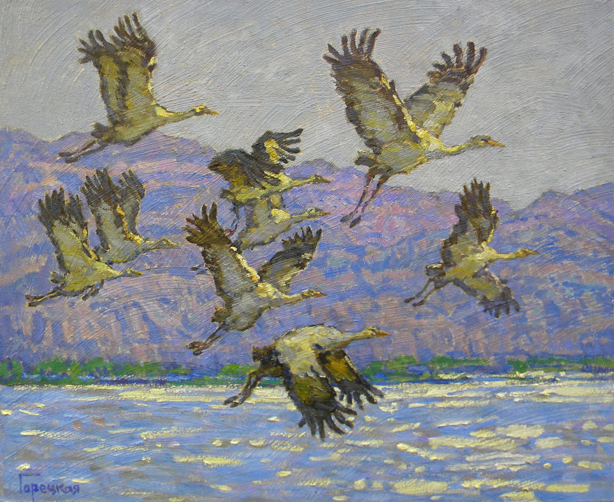 Полина Горецкая "Журавли" 2020 картон, масло 70х90
