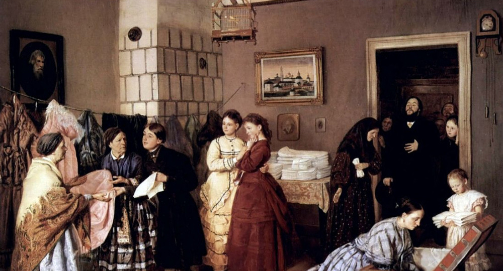 Пересчет приданого в картине художника Пукирева Василия Владимировича.