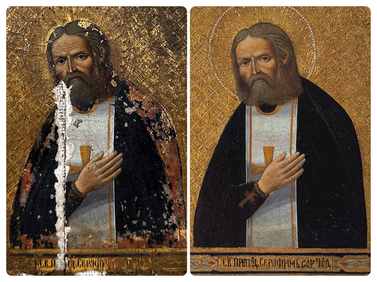 Образ Святого Серафима Саровского до реставрации и после 