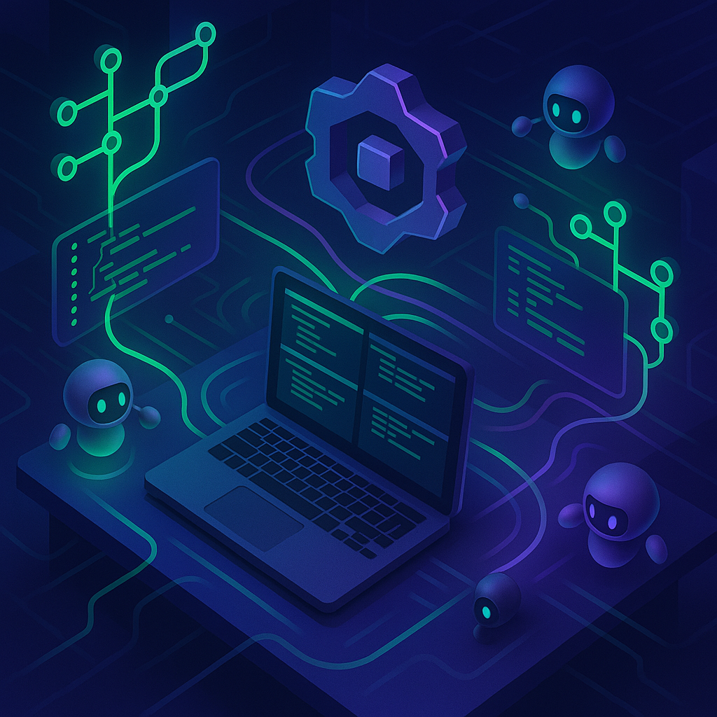 Кибер-рабочее место в неоне: над ноутбуком витает сеть git-веток и tmux-окон, вокруг летают мини-боты-агенты и сияет шестерёнка инструмента — образ параллельной AI-кодогенерации, ускоряющей поиск решения.