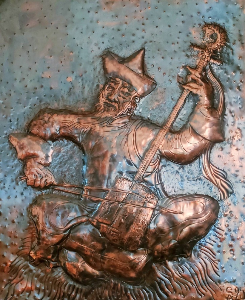 Чеканка. Панно. " Играй ,музыкант!" ( Хурчин). Медь. 60 х 75  Иркутск 2025 г.