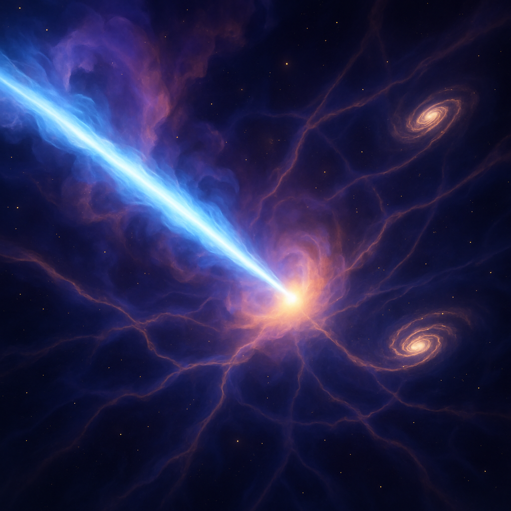 Пылающий «космический резак» — ослепительный голубой луч вырывается из яркого ядра, прожигая туманно-фиолетовую вселенскую ткань и вычерчивая паутину газовых нитей, вокруг которой зарождаются спиральные галактики: визуальный образ «теории паяльной лампы» формирования структур во Вселенной.