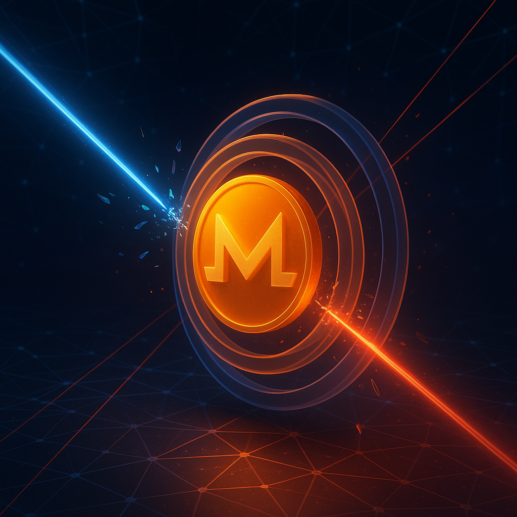 В кибер-темноте пылает монета Monero, окутанная кольцами-щитами; синие и красные лазеры атакуют защиту, разлетаются искрами — символ попыток деанонимизации и стойкости XMR.