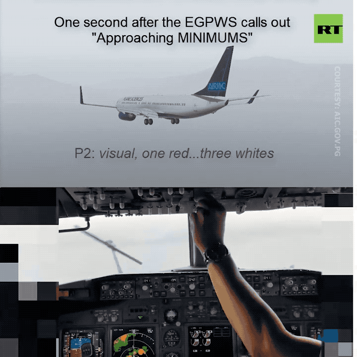 Фрагмент видео из кабины пилота с одновременной анимацией самолёта. (Комиссия по расследованию авиационных происшествий Папуа-Новой Гвинеи)
