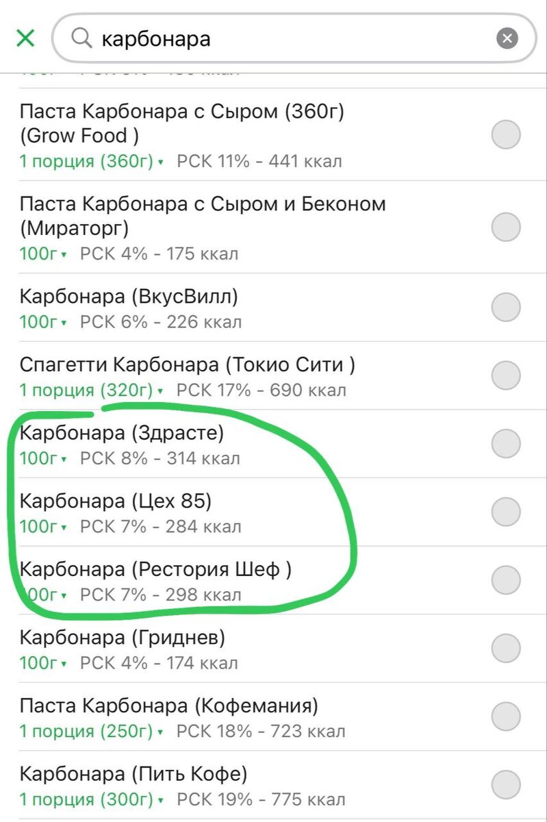 Вот подходящие варианты карбонары по калорийности на 100г.