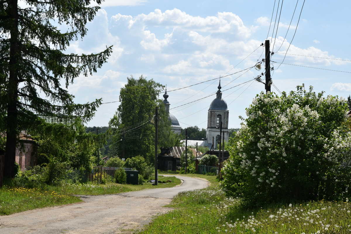 Сирень в деревне с храмом