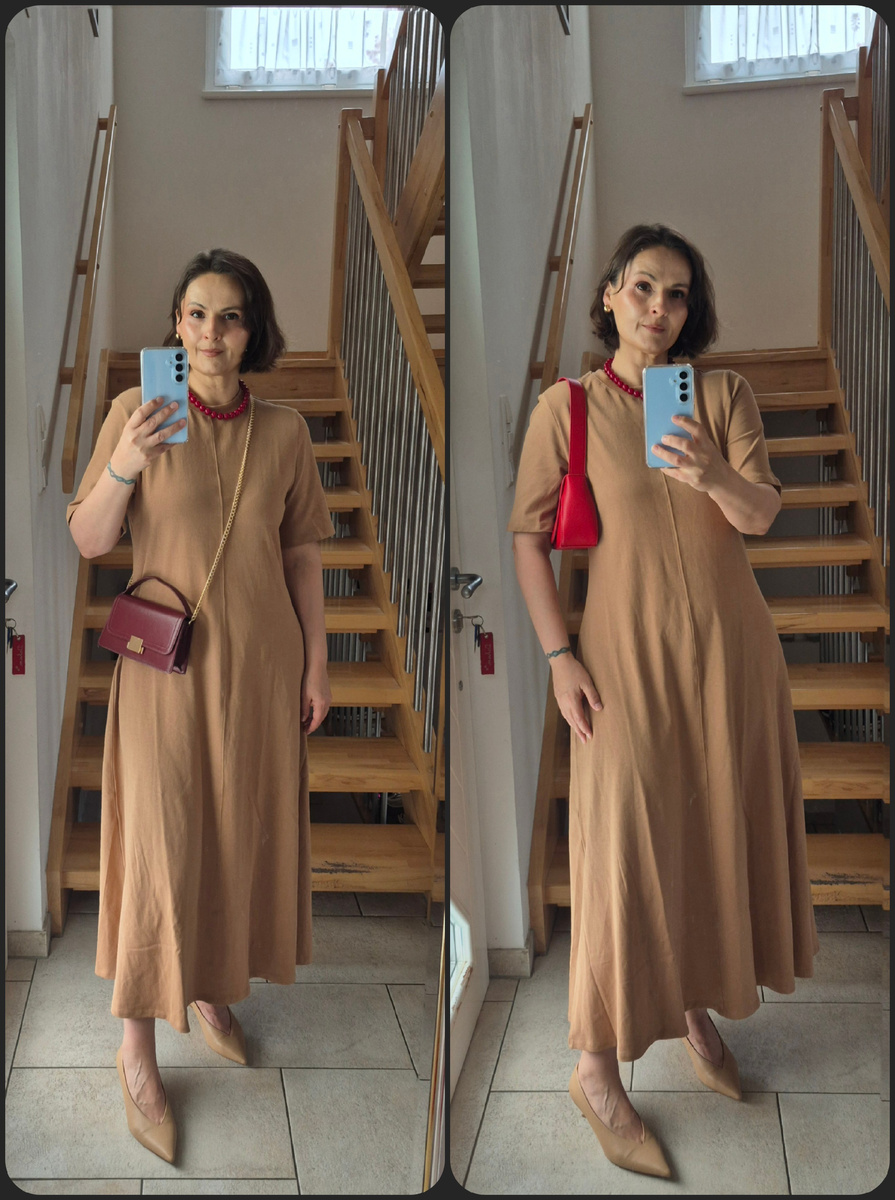 С сумками разных оттенков красного и обувью в цвет платья 