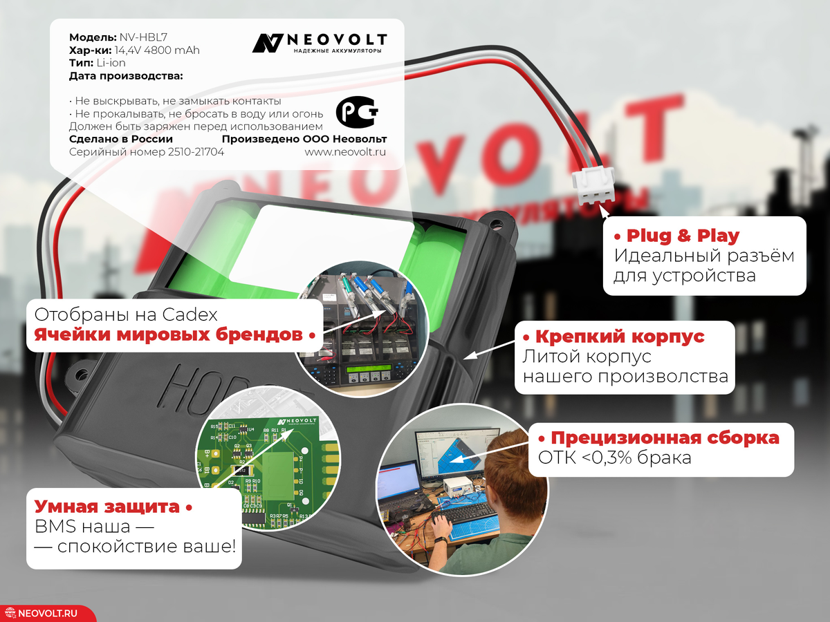 Neovolt: гарантия plug-and-play совместимости; идеальная посадка в устройство; защита внутренних компонентов; защита от внешних воздействий; только проверенные, реальные по ёмкости и качественные ячейки без скрытых дефектов; надёжность каждого соединения; подтверждённая статистика качества.