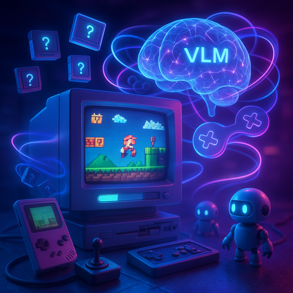 Неоновый ретро-кабинет: старый CRT-монитор с пиксельной игрой и крошечной полоской прогресса окружён Game Boy, джойстиком и мини-ботами-VLM; над всем парит светящийся «мозг» ИИ и кубики с вопросами — визуальный образ испытания VideoGameBench, где модели пока делают лишь первые шаги.