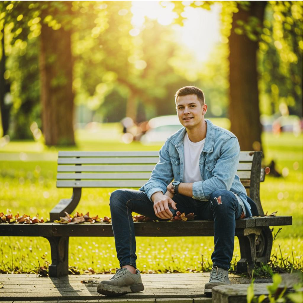 Молодой человек в парке. Иллюстрация сгенерирована нейросетью