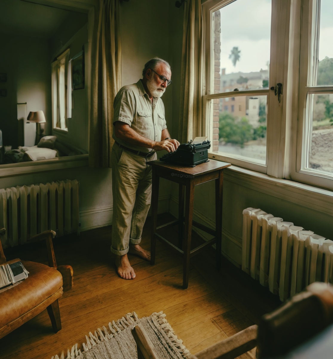 Хемингуэй писал стоя у высокой полки или письменного стола, что объяснял заботой о здоровье спины