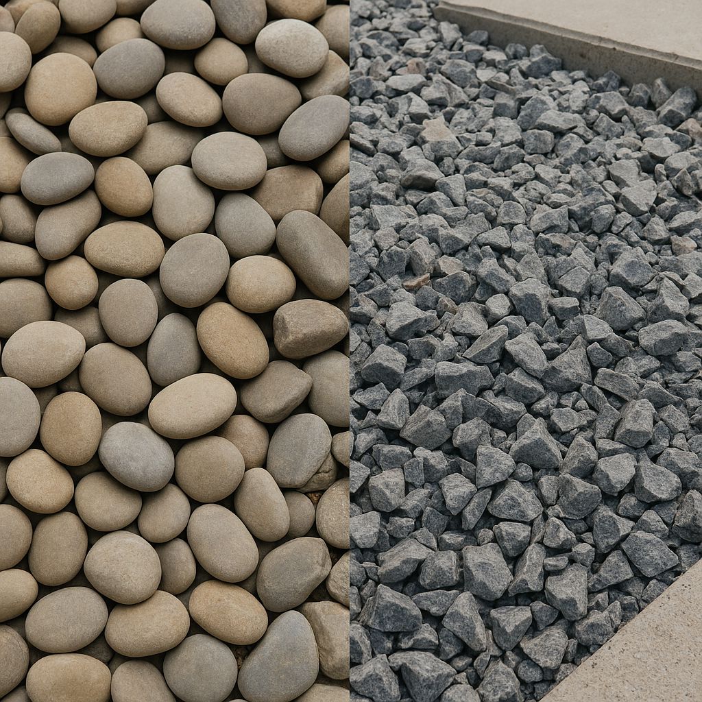 На первом фото — гравий: округлая форма, эстетичность. 
На втором — подушка из гранитного щебня 20–40 мм под железобетонные плиты.

Разница очевидна даже визуально.
