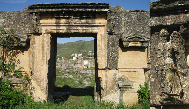 Юго-восточные ворота (слева) и деталь их декора крупным планом (справа)