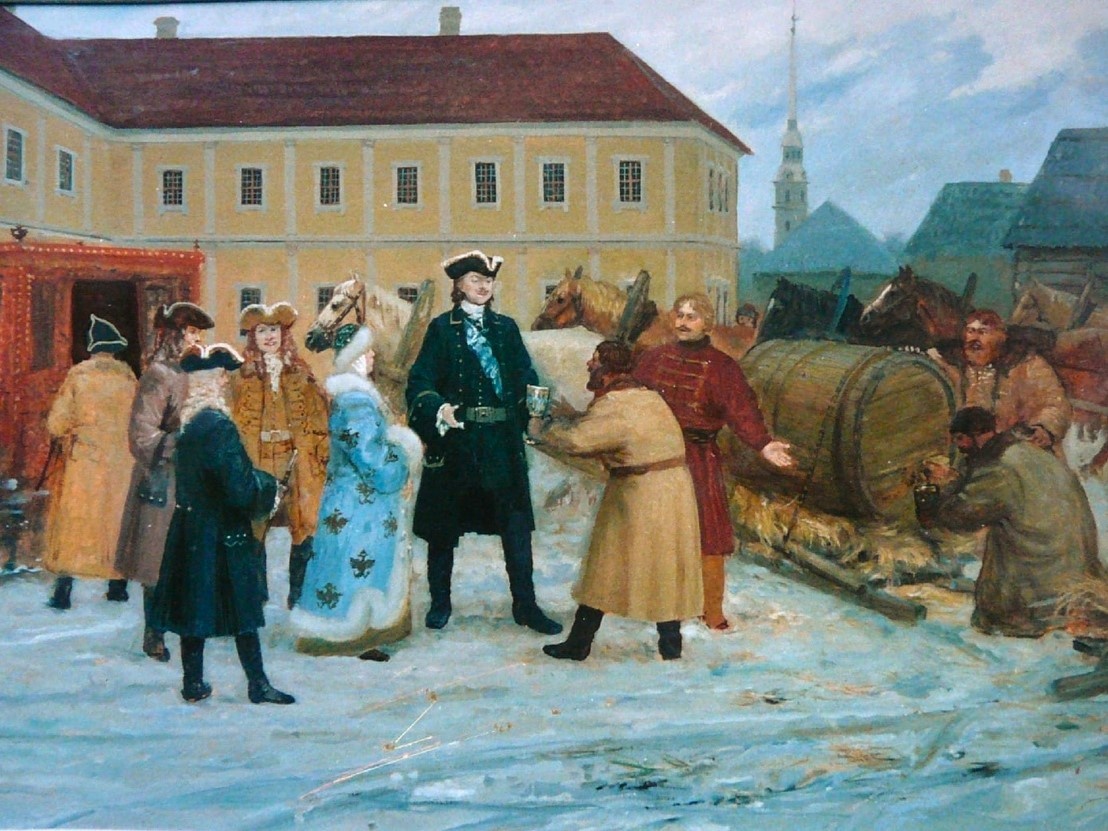 Петр I с придворными в гостях у купца