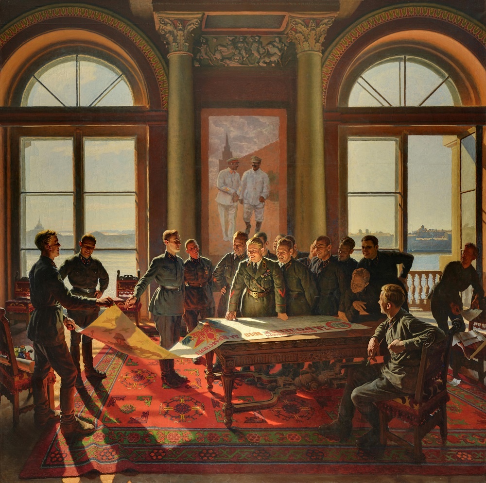 Е. И. Бродский. Воспоминания об отце
Александр Иванович Лактионов (1910–1972)
Герой Советского Союза орденоносец капитан М. В. Юдин в гостях у танкистов
1938
Холст, масло
НИМ РАХ