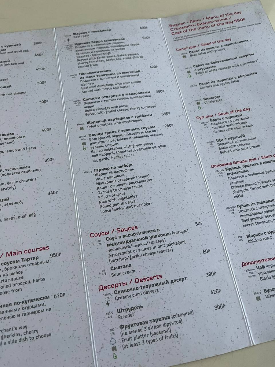 Меню вагона-ресторана