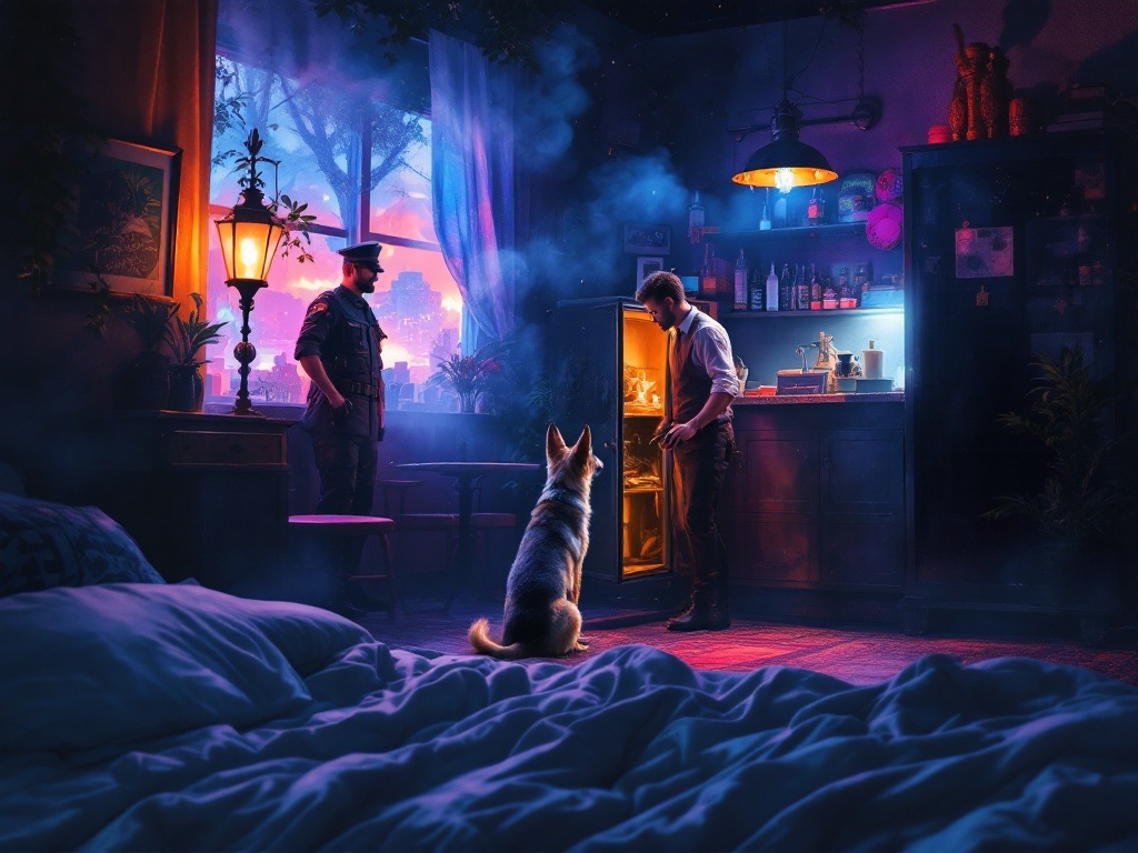    К чему такое снится: На картине изображено кафе. В центре хозяйка кафе открывает железный шкаф, из которого выходит раненая немецкая овчарка. Сзади стоят военные в форме, смотрящие на ух