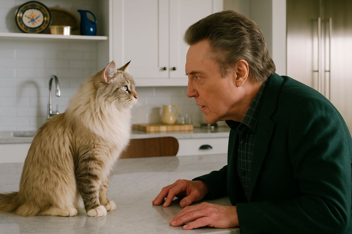 Хозяин разговаривает с кошкой 