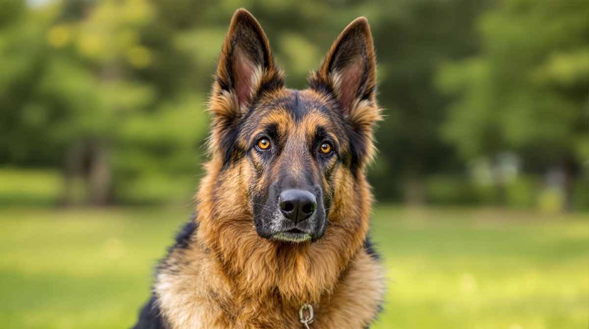 Немецкая овчарка на фоне зелёного парка — красивая и умная собака крупной породы, символ преданности, служебных и семейных качеств.