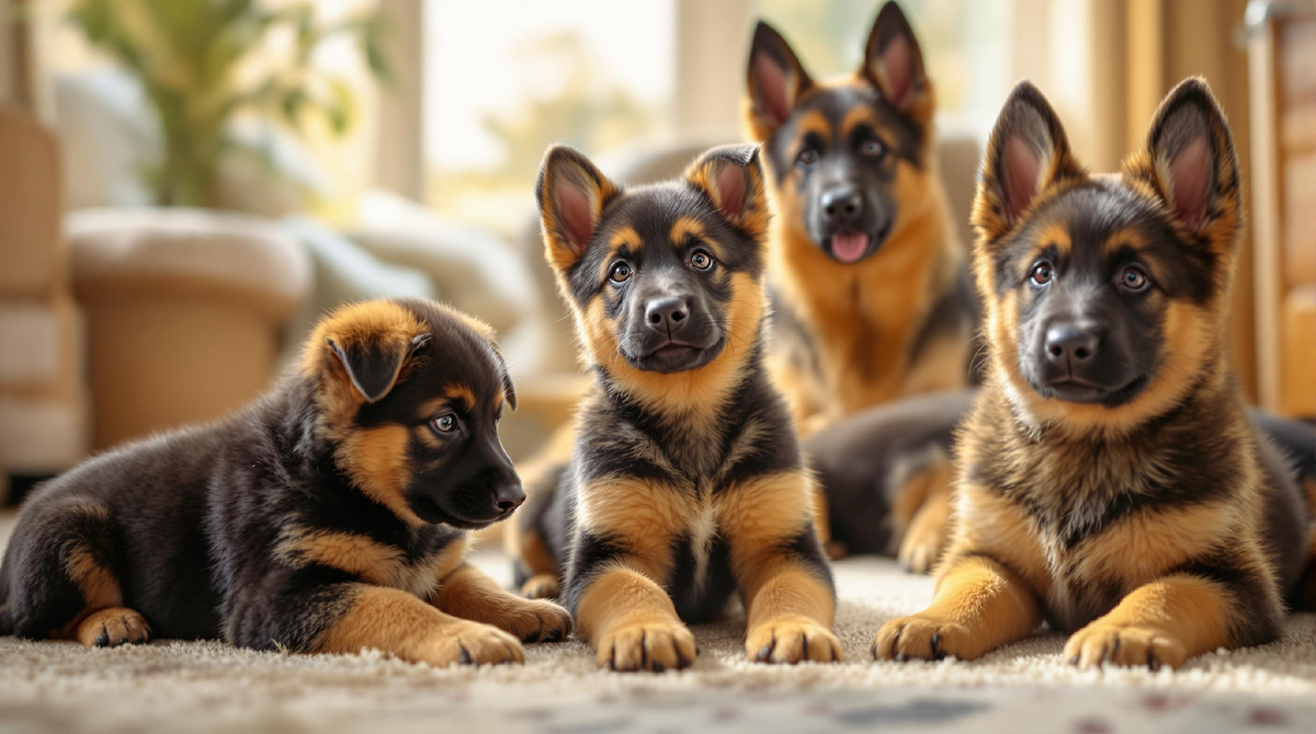 На изображении — четверо щенков немецкой овчарки, лежащих и сидящих на полу в уютной домашней обстановке. Щенки смотрят прямо в камеру, выглядят игривыми и любопытными.