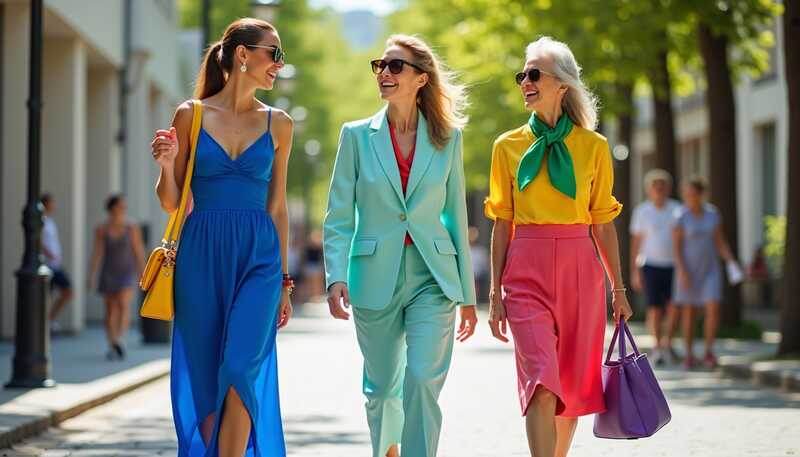 Вдохновляющие летние образы трёх женщин разных возрастов, собранные на основе ярких цветовых акцентов и стильных сочетаний, на фоне солнечных улиц Москвы.