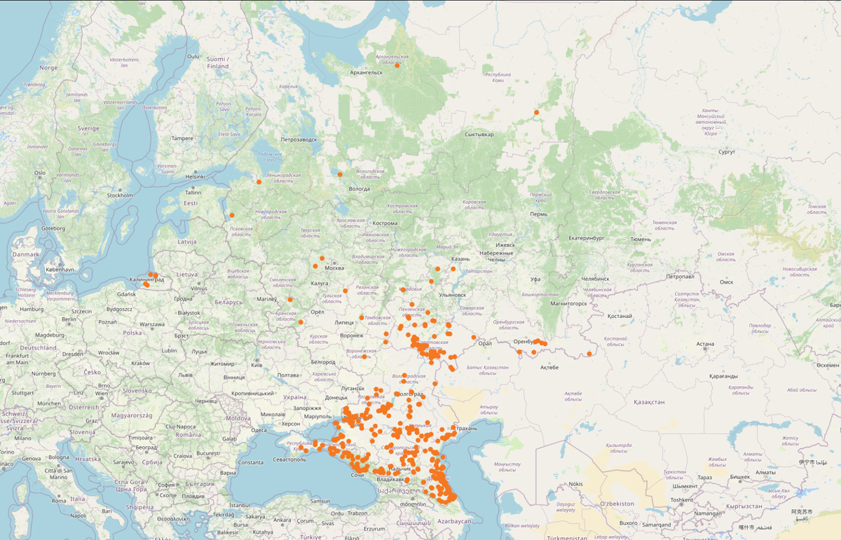 Встречи обыкновенных шакалов в России по данным сайта rusmam.ru (кстати, рекомендуем посмотреть сайт)