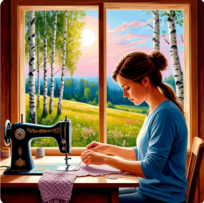 Создано нейросетью. Примерно так часто сижу)). То вяжу,то шью)) Хватает и работы по дому. 