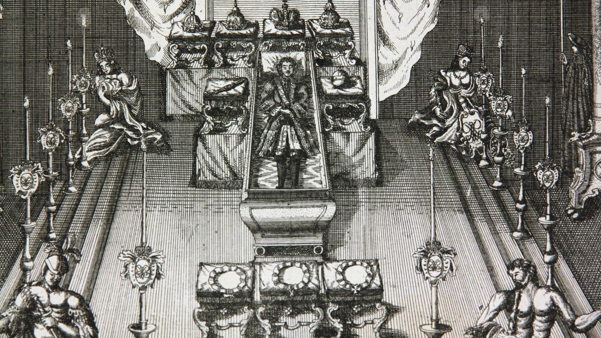 Вид погребальной залы Петра I в Зимнем дворце, 1725 г. Гравюра